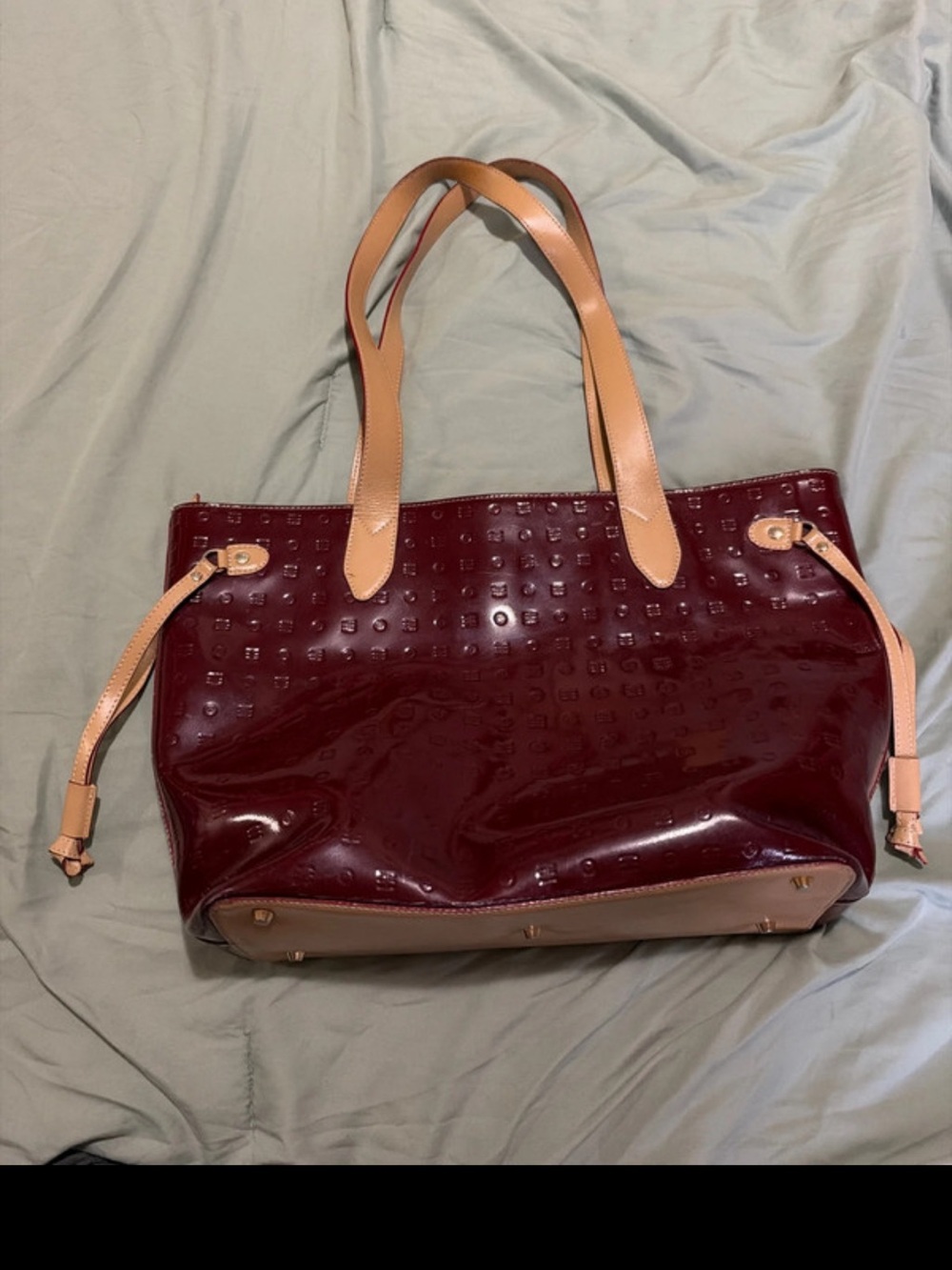 Arcadia Burgundy Patent Tote with Tan Handles